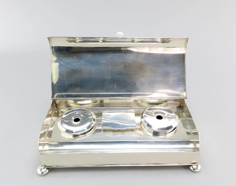 19th Century English Silverplate Inkwell Stand Desk Piece 2 Inkwells 8 1/2" Long: Measurements: 8 1/2 inches long, 4 1/4 inches wide, and 2 1/8 inches tall . Type: Inkwell Stand,Age: 19th Century,Composition: Silverplate,Country of Origin: United Kingdom