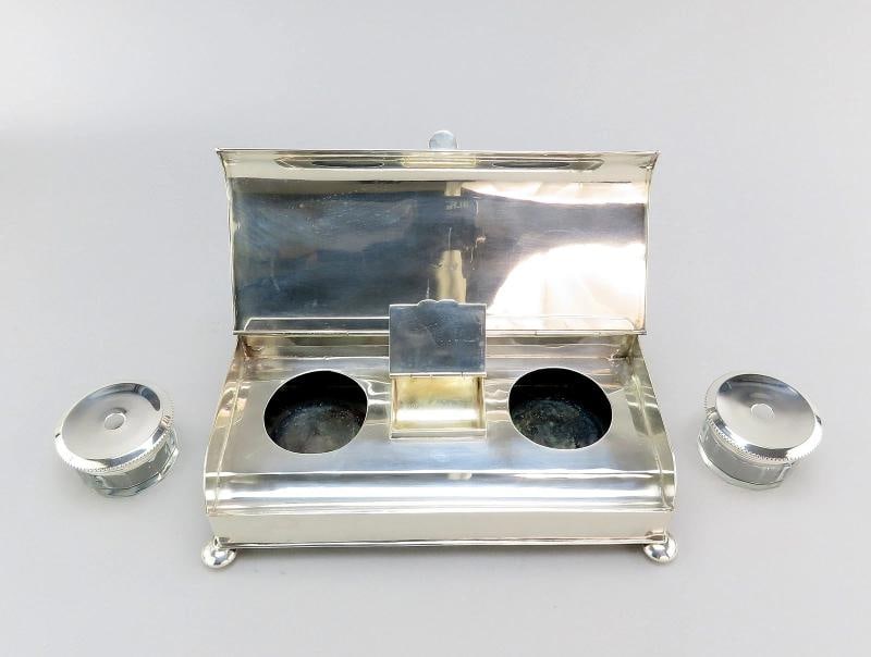 19th Century English Silverplate Inkwell Stand Desk Piece 2 Inkwells 8 1/2" Long - 3