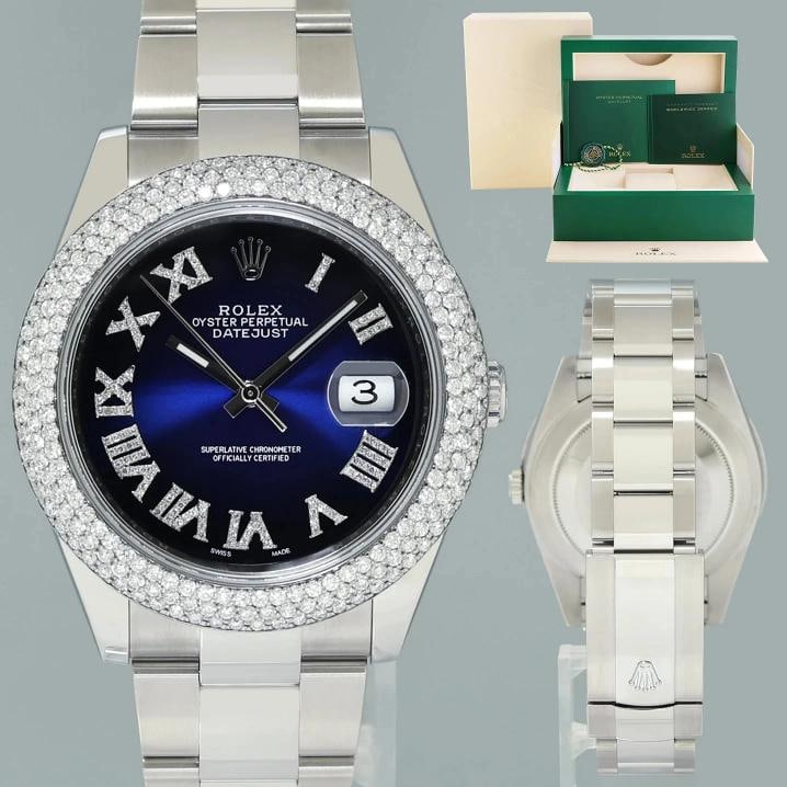DIAMOND BEZEL Rolex DateJust 41 Steel 126300 Blue Roman Dial Oyster Watch Box (1 of 7)