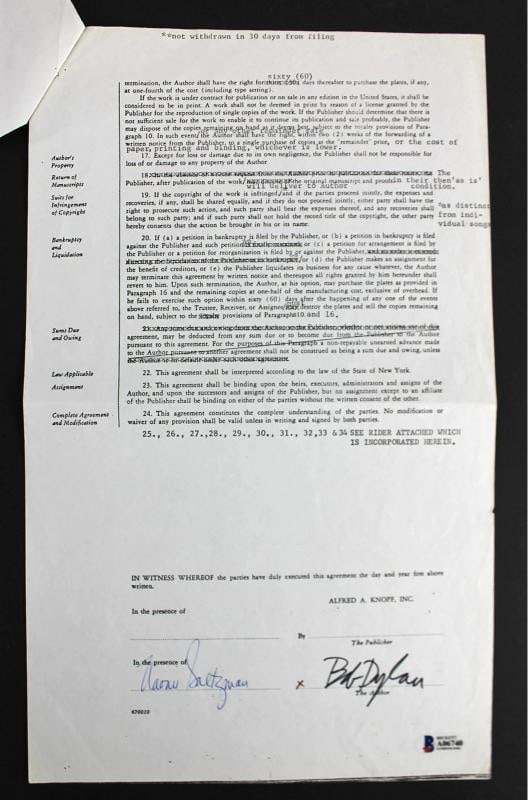 Bob Dylan Signed 1972 2 Pg "Writings & Drawings" Publishing Contract BAS #A06740: PRODUCT_COA: BAS,PRODUCT_SIGNED_BY_NAME: Bob Dylan,Country of Origin: United States