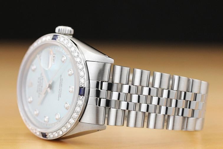 MENS ROLEX DATEJUST 1603 ICE BLUE DIAMOND DIAL 18K WHITE GOLD & STEEL WATCH - 4