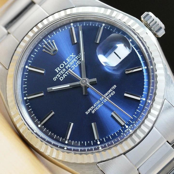 ROLEX MENS DATEJUST 1601 BLUE DIAL 18K WHITE GOLD STEEL WATCH w/ OYSTER BAND (1 of 8)