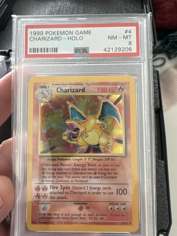 Pokemon Charizard Base Set Unlimited Holo Rare #4 Psa 8 Collectors Piece: Condition: Graded - PSA 8: Professionally graded ,Convention/Event: PokÃƒÂ©mon League,Card Size: Standard,Attribute/MTG:Color: Fire,Autographed: No,Set: Base Set,Autograph Format: