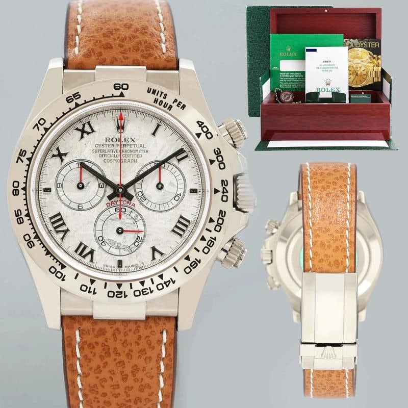 2006 MINT PAPERS Rolex Daytona 18k White Gold 116519 Meteorite Roman Leather: Case & Dial Case Material: Rolex Stainless Steel Case Size: 40mm Bezel: Rolex White Gold Crystal: Rolex Sapphire Dial: Rolex Meteorite Movement & Bracelet Movement: Rolex Automatic Bracelet Design: