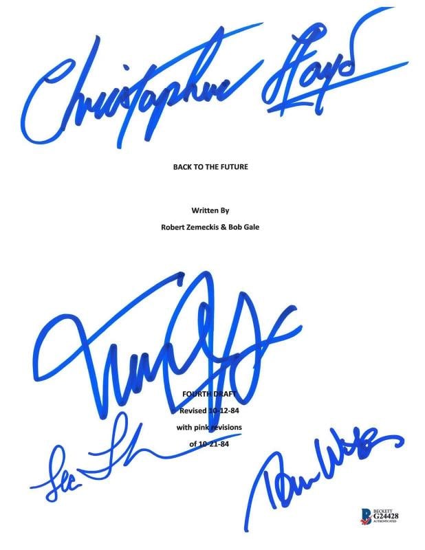 WILSON THOMPSON LLOYD MICHAEL J FOX SIGNED BACK TO THE FUTURE SCRIPT BECKETT BAS: Modified Item: No,Movie: BACK TO THE FUTURE,Autograph Authentication: Beckett,Industry: Movies,Original/Reproduction: Original,Signed by: MICHAEL J FOX CHRISTOPHER LLOYD TOM WILSON,Country of Origin:
