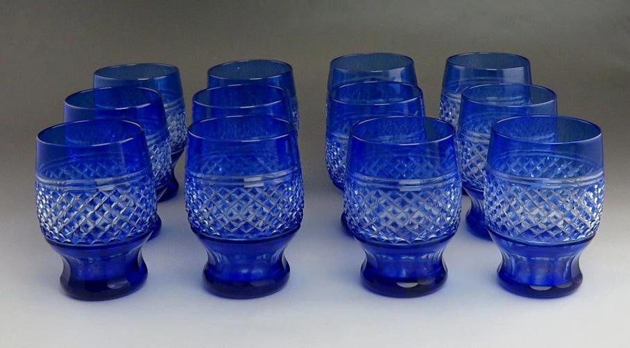 12 Antique Cobalt Blue Cut to Clear Diamond Pattern Tumblers/Glasses: Condition: Used: An item that has been used previously. The item may have some signs of cosmetic wear, but is fully operational and functions as intended. This item may be a floor model or store retur