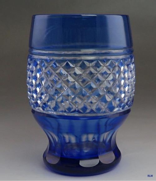 12 Antique Cobalt Blue Cut to Clear Diamond Pattern Tumblers/Glasses - 2