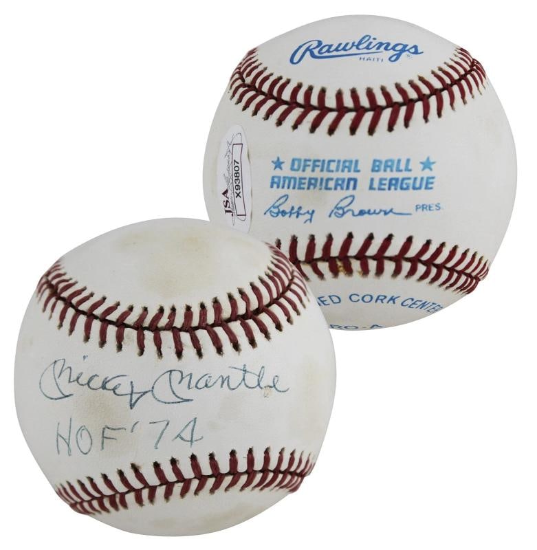 Yankees Mickey Mantle "HOF 74" Signed OAL Baseball Graded 7.5! PSA & JSA LOAs: Player: Mickey Mantle,Product: Ball,Original/Reprint: Original,Autograph Authentication: PSA,Team: New York Yankees,PRODUCT_COA: PSA,PRODUCT_SIGNED_BY_NAME: Mickey Mantle,PRODUCT_SIGNED_BY_BRAND: New
