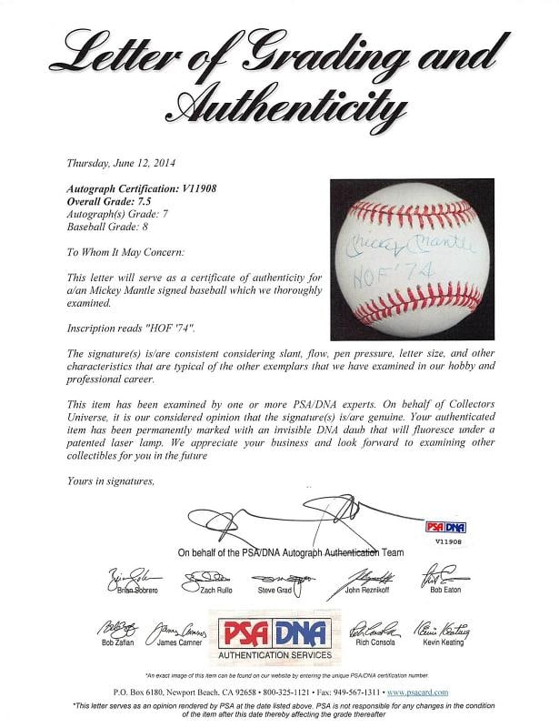 Yankees Mickey Mantle "HOF 74" Signed OAL Baseball Graded 7.5! PSA & JSA LOAs - 8