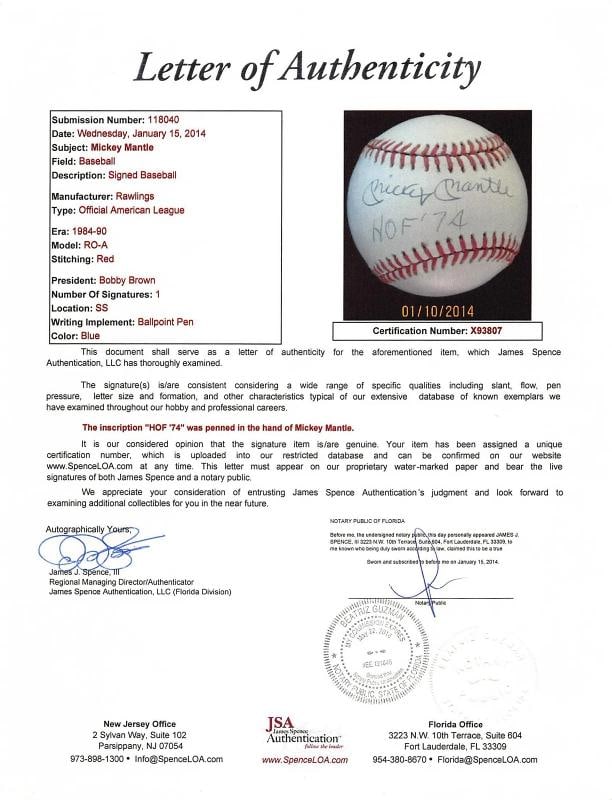 Yankees Mickey Mantle "HOF 74" Signed OAL Baseball Graded 7.5! PSA & JSA LOAs - 9