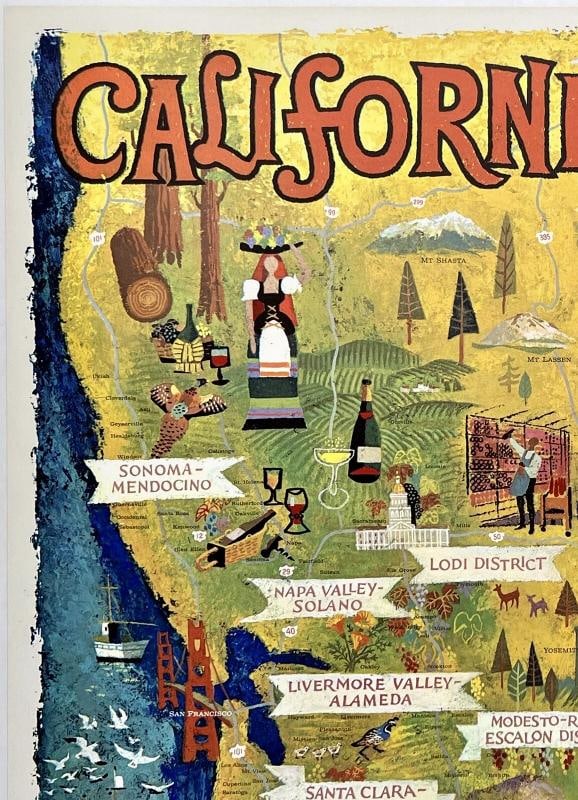 Original Vintage Poster CALIFORNIA WINE LAND OF AMERICA Travel Tourism Map LINEN - 2