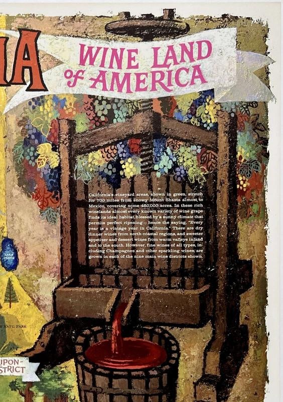 Original Vintage Poster CALIFORNIA WINE LAND OF AMERICA Travel Tourism Map LINEN - 3