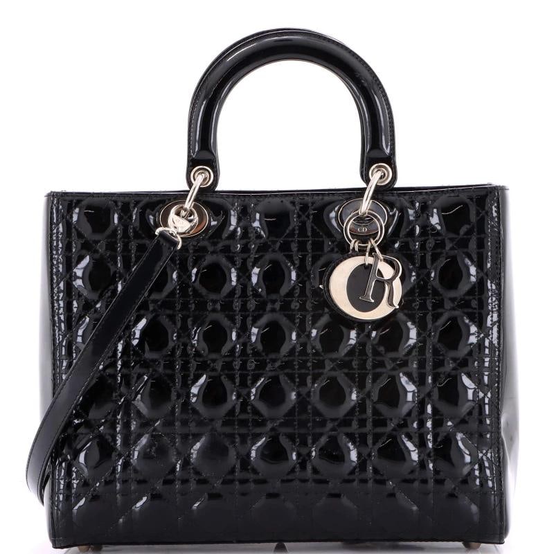 Christian Dior Lady Dior Bag Cannage Quilt Patent Large: Condition: Pre-owned - Fair,Brand: Christian Dior,Exterior Material: Patent Leather,Style: Top Handle,Exterior Color: Black,Department: Women,Size: Large