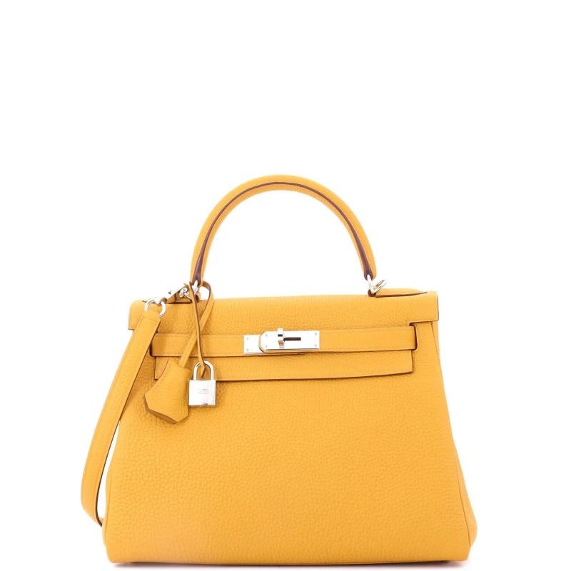 Hermes Kelly Handbag Yellow Togo with Palladium Hardware 28: Condition: Pre-owned - Excellent,Brand: Hermes,Exterior Material: Leather,Style: Top Handle,Exterior Color: Yellow,Department: Women,Size: 28,Accessories: Clochette, Lock, Dust Bag, Keys, With Strap