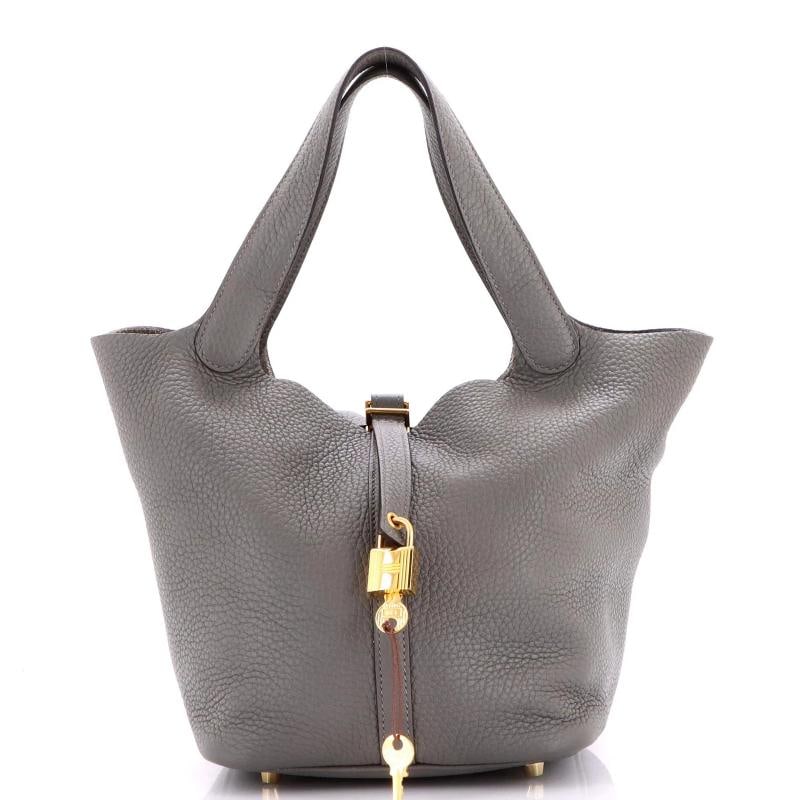 Hermes Picotin Lock Bag Clemence MM: Condition: Pre-owned - Good,Brand: Hermes,Exterior Material: Leather,Style: Bucket,Exterior Color: Gray,Department: Women,Size: Mm,Accessories: Dust Bag, Lock, Keys Condition: Great. Exterior: corner