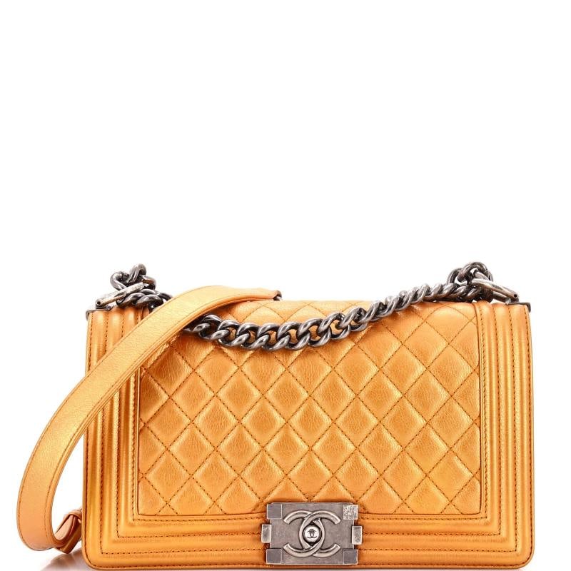 Chanel Boy Flap Bag Quilted Metallic Calfskin Old Medium: Condition: Pre-owned - Good,Brand: Chanel,Exterior Material: Leather,Style: Shoulder Bags,Exterior Color: Metallic,Department: Women,Size: Old Medium,Accessories: Dust Bag Estimated Retail Price: