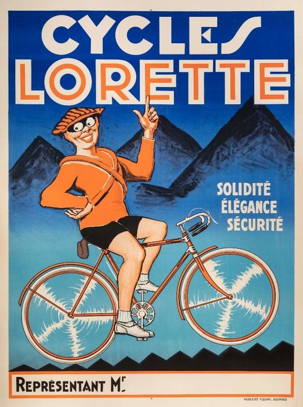 Original Poster - Cycles Lorette - Bicycle - Cycling - Bicycling Mountain - 1925: Condition: Used,Features: Signed,Width (Inches): 47.2,Listed By: Dealer or Reseller,Subject: Bicycling,Size: Large (up to 60in.),Height (Inches): 63,Date of Creation: 1900-1949,Artist: Anonymous,Year