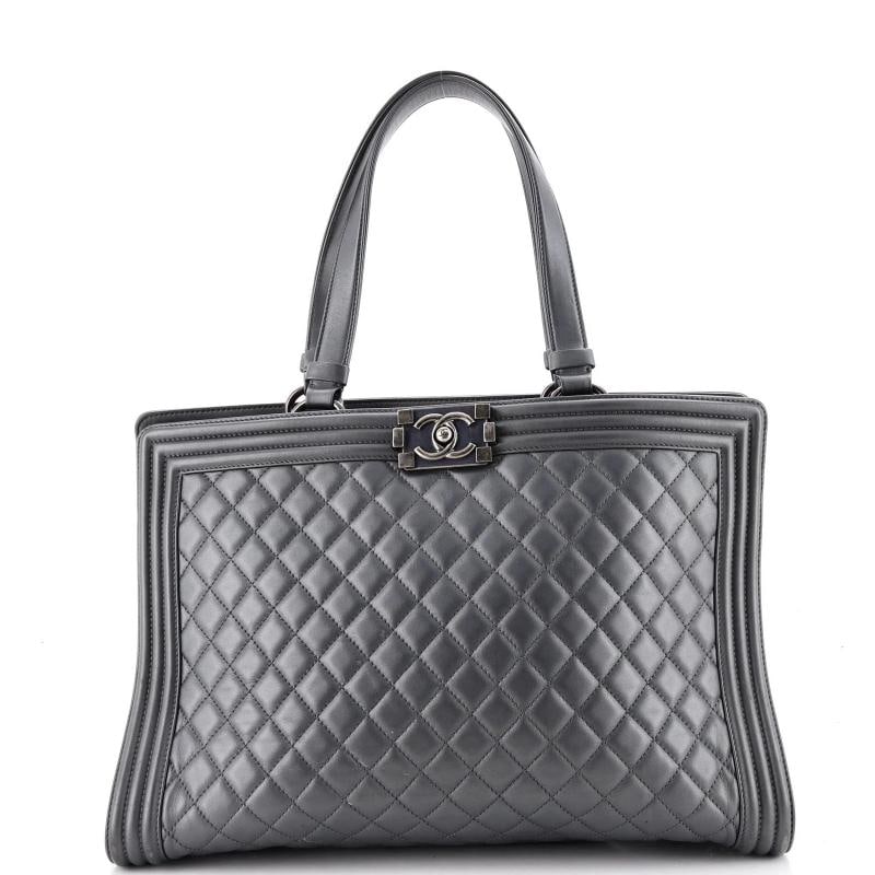 Chanel Boy Shopping Tote Quilted Lambskin Large: Measurements: Handle Drop 7.5", Height 11", Width 14", Depth 5" . Condition: Pre-owned - Good,Brand: Chanel,Exterior Material: Leather,Style: Top Handle,Exterior Color: Gray,Department: Women,Size: