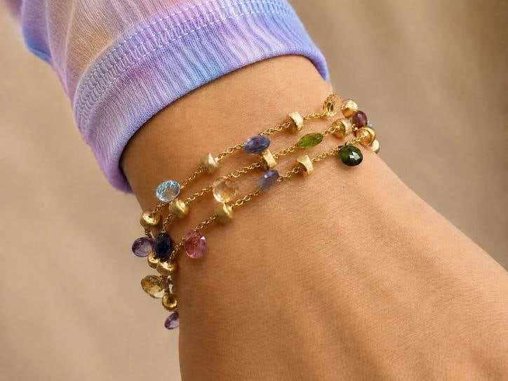 Marco Bicego Paradise Multi-Gemstone Triple Strand Bracelet 18k Yellow Gold 7 in - 7
