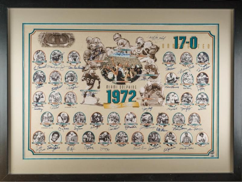 1972 Miami Dolphins Super Bowl Champs Team Signed Lithograph Photo JSA COA: featuring 46 members of the 1972 Super Bowl Champion Miami Dolphins, the only undefeated team in NFL history. Among those pictured are Don Shula (head coach), Larry Csonka, Paul Warfield, Larry Little