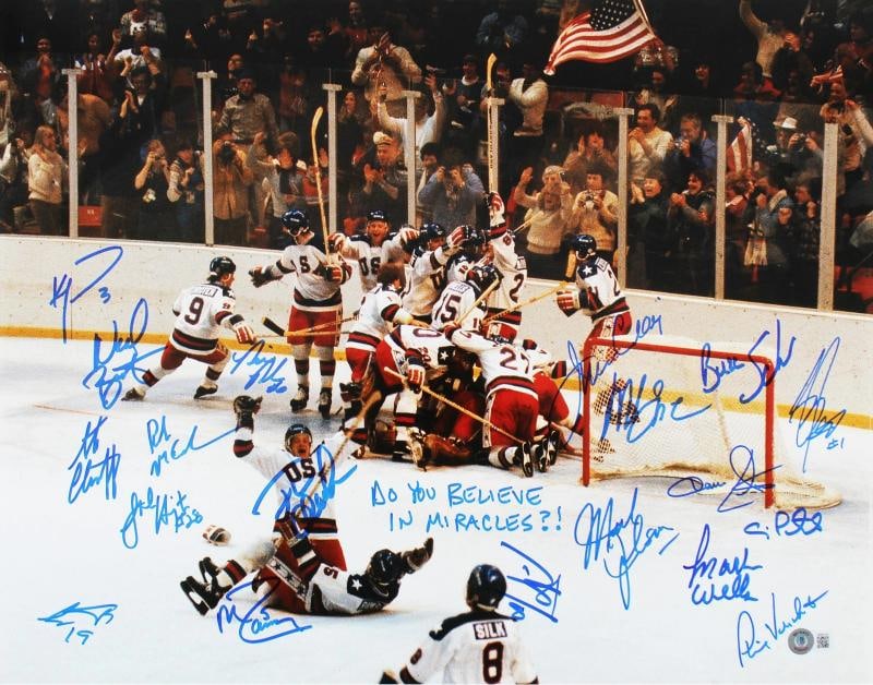 1980 USA Hockey 19 Sigs Craig, Eruzione, Broten Signed 16x20 Photo BAS Witnessed: his Autographed 16x20 Photo with the inscription of "Do You Believe in Miracles?! (Harrington)" has been Personally Signed by Neal Broten, Dave Silk, Rob McClanahan & Mark Johnson, Steve Janaszak, Bil