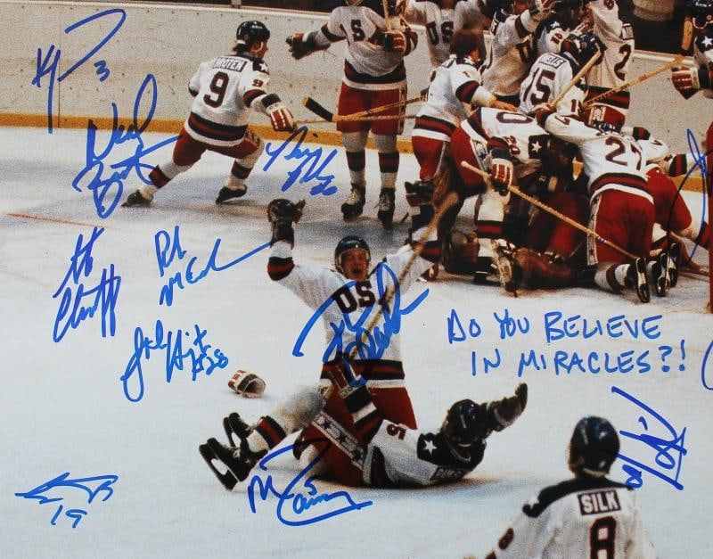 1980 USA Hockey 19 Sigs Craig, Eruzione, Broten Signed 16x20 Photo BAS Witnessed - 3
