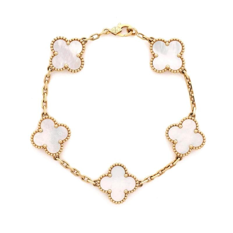 Van Cleef & Arpels Vintage Alhambra 5 Motifs Bracelet 18K Yellow Gold and Mother: Measurements: Circumference: 6.75 ", Width: 14.85 mm . Condition: Pre-owned - Good,Brand: Van Cleef & Arpels,Main Stone: Unknown,Metal: 18K Yellow Gold,Metal Purity: 18K,Style: Bracelet,Type: