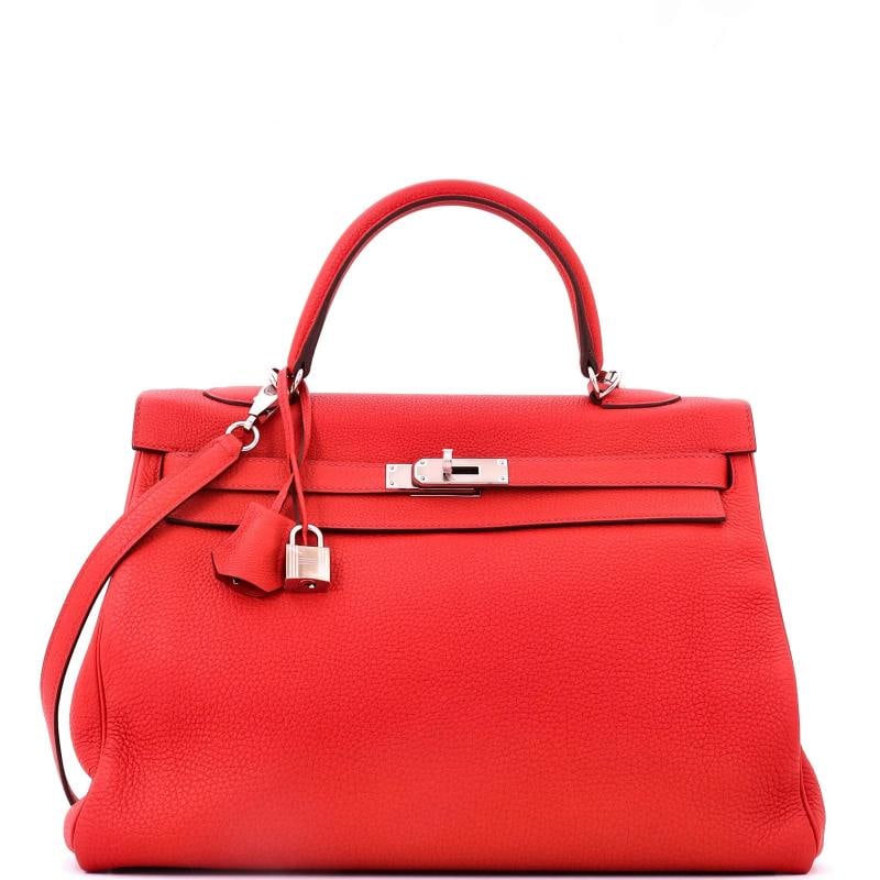 Hermes Kelly Handbag Red Togo with Palladium Hardware 35: Condition: Pre-owned - Good,Brand: Hermes,Exterior Material: Leather,Style: Top Handle,Exterior Color: Red,Department: Women,Size: 35,Accessories: Lock, Clochette, Keys, With Strap Condition: Great. E