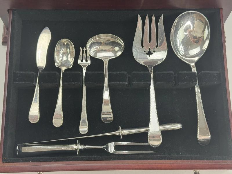 Tuttle Sterling Silver 62pc Feather Edge Flatware Set for 9 Harry Truman Marks - 6