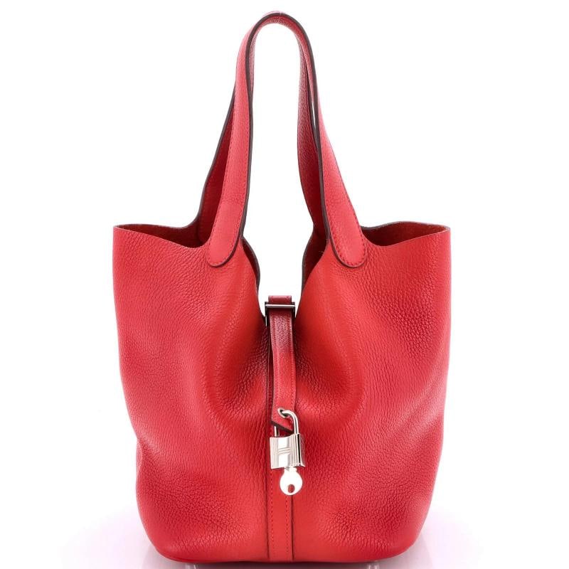 Hermes Picotin Lock Bag Clemence MM: Condition: Pre-owned - Good,Brand: Hermes,Exterior Material: Leather,Style: Bucket,Exterior Color: Red,Department: Women,Size: Mm,Accessories: Lock, Keys Condition: Very good. Exterior: creases, minor