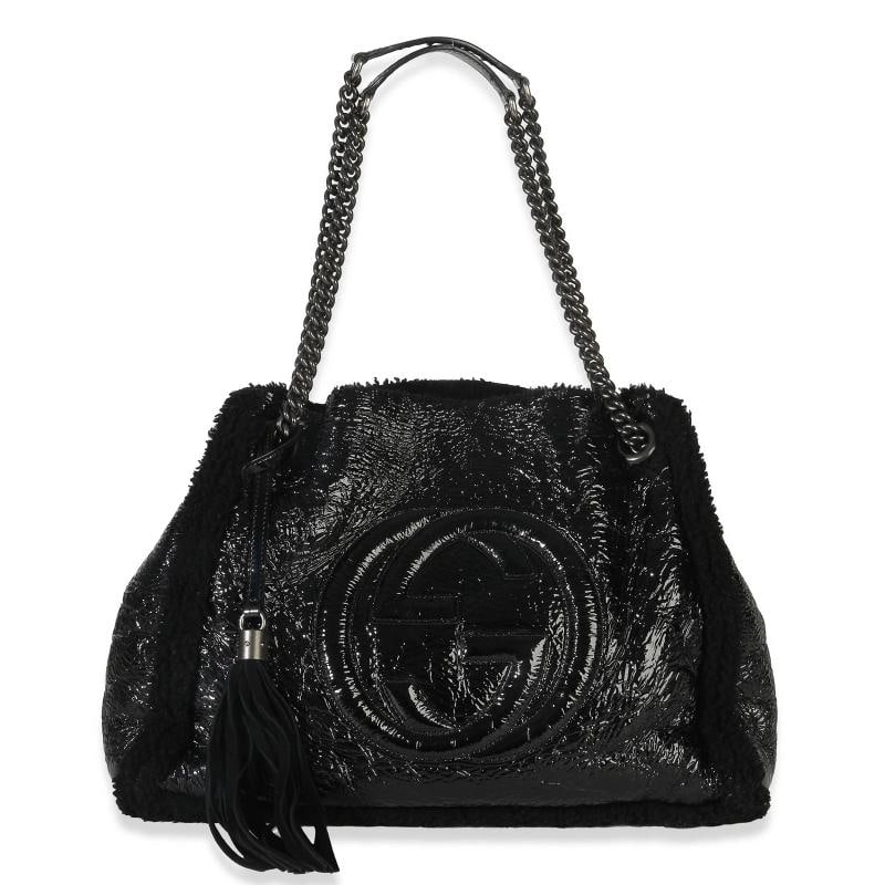 Gucci Black Patent Shearling Medium Soho Hobo: Condition: Pre-owned - Good,Country of Origin: Italy,Dimensions: 14.5 x 11 x 5,Handbag Accessories: Pochette;Tassels,Bag Width: 14.5 in,Bag Depth: 5 in,Bag Height: 11 in,Department: Unisex,Style: