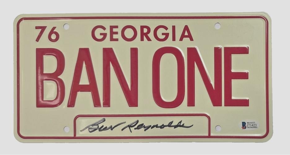 Burt Reynolds Signed Smokey and the Bandit License Plate Ban One Beckett Witness: Industry: Movies,Movie: Smokey and the Bandit,Signed by: Burt Reynolds,Authentication: Beckett,Autograph Authentication: Beckett,Original/Reproduction: Original,Country of Origin: United States