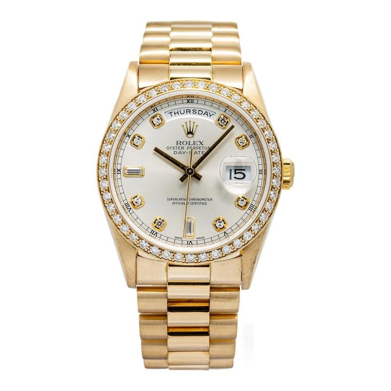 Rolex Day Date 18348 18k Yellow Gold Factory Silver Diamond Dial Auto Watch 36mm: Case Size 36mm Wrist Fit 7inches Box no Papers no Condition Ã¢â‚¬â€ Used - Like New Full Specifications Brand ROLEX Customized No Serial # W07xxxx Gender