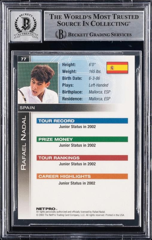 2003 Netpro International Series #77 Rafael Nadal Rookie Beckett Auto Grade 10 - 2