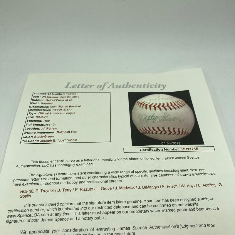 Pie Traynor Lefty Grove Joe Dimaggio Hall Of Fame Multi Signed Baseball JSA - 10