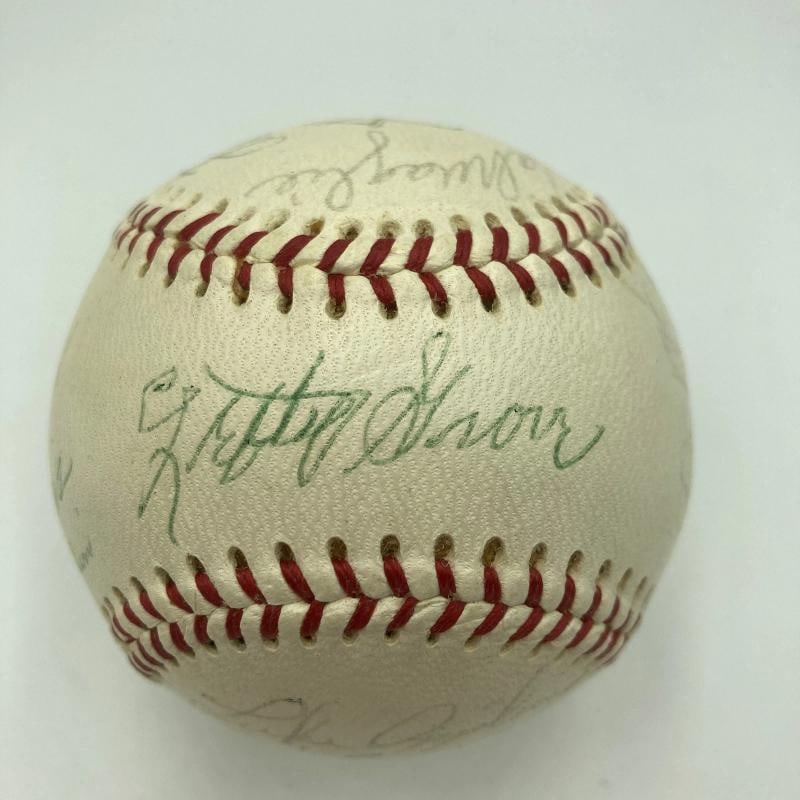 Pie Traynor Lefty Grove Joe Dimaggio Hall Of Fame Multi Signed Baseball JSA: signed by twenty-one HOFers and legends. Among them are Joe DiMaggio, Luke Appling, Lefty Grove, Pie Traynor, Bill Terry, Phil Rizzuto, Frankie Frisch, Waite Hoyt, Goose Goslin, Joe Medwick, Jimmie Dy