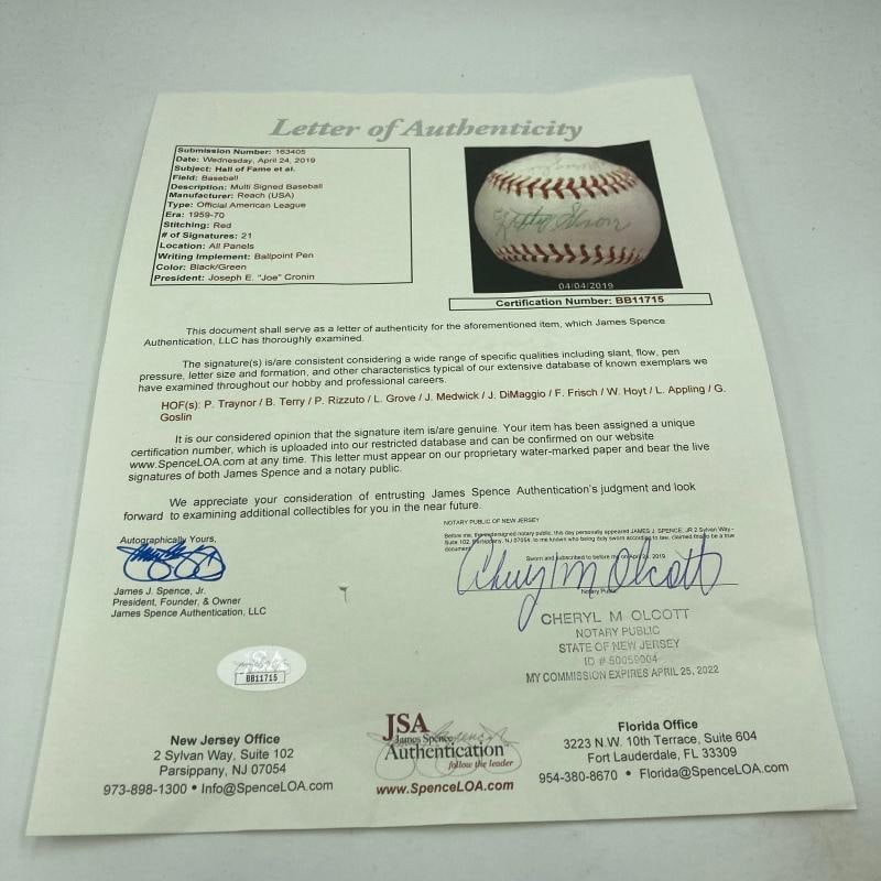 Pie Traynor Lefty Grove Joe Dimaggio Hall Of Fame Multi Signed Baseball JSA - 9