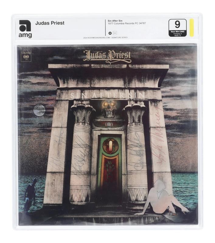 1977 Judas Priest Band-Signed Sin After Sin Album Record JSA COA Graded 9 N MINT: signed by Rob Halford, Glen Tipton, K.K. Dowling, and Ian Hill. . Country of Origin: United States,Industry: Music,Signed: Yes,Autograph Authentication: James Spence (JSA),Object Type: