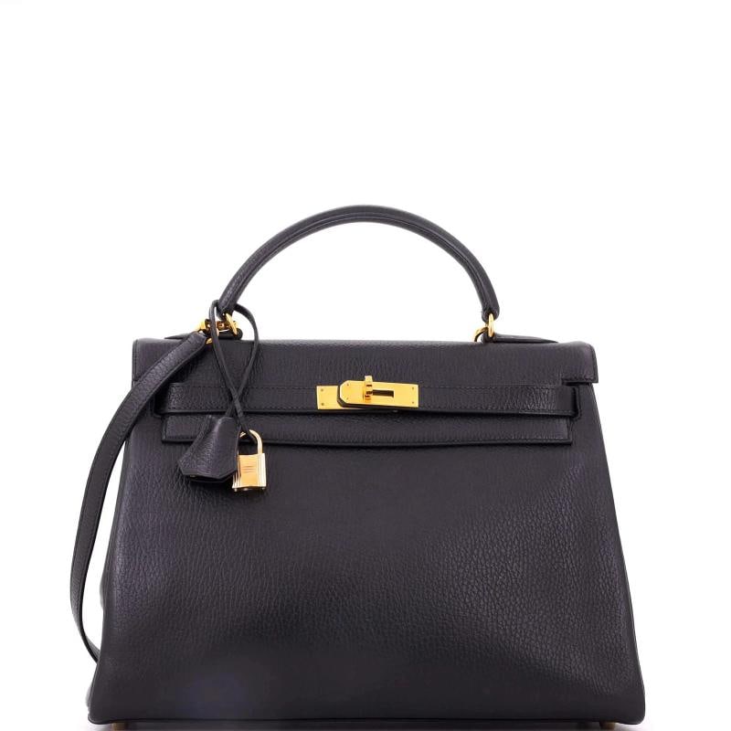 Hermes Kelly Handbag Black Ardennes with Gold Hardware 32: Accessories: Lock, Clochette, Keys, With Strap Measurements: Handle Drop 3.5", Height 9", Width 12.5", Depth 4", Strap Drop 18" . Condition: Pre-owned - Good,Brand: Hermes,Exterior Material: