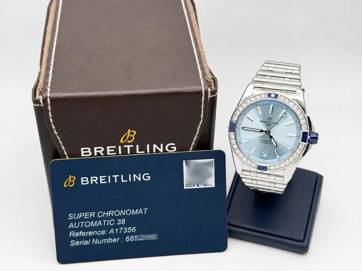 2025 Breitling Super Chronomat 38 A17356 Diamond Bezel Blue Dial Steel Box Paper: Style Number: A17356 Model: Breitling Super Chronomat 38 Year: 2025 Case Material: Stainless Steel Band: Stainless Steel Bezel: Factory Diamond Bezel Dial: Ice Blue Dial Crystal: Sapphire Case Size: