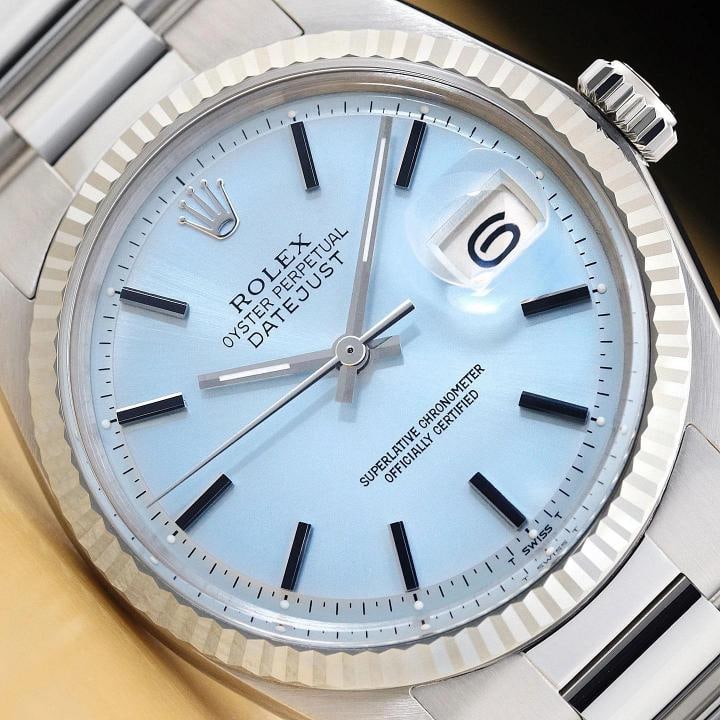 ROLEX MENS DATEJUST 1601 18K WHITE GOLD STAINLESS STEEL ICE BLUE OYSTER WATCH: Condition: Pre-owned - Excellent,Bezel Color: Silver,Max Wrist Size: 7.26-7.5 in,Number of Jewels: 26 Jewels,Indices: Stick Indexes, 12-Hour Dial,Bezel: Rolex 18K White Gold Fluted Bezel,Band/Strap:
