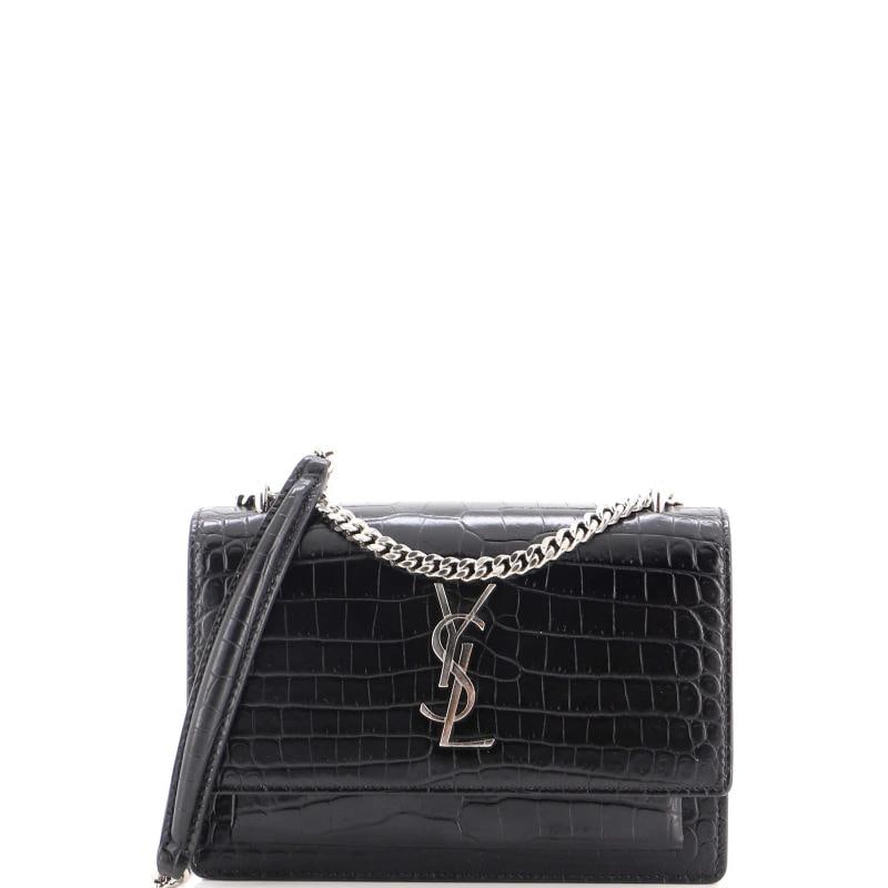 Saint Laurent Sunset Chain Wallet Crocodile Embossed Leather: Measurements: Handle Drop 12", Height 5", Width 6.5", Depth 2", Strap Drop 22" . Condition: Pre-owned - Good,Brand: Saint Laurent,Exterior Material: Leather,Style: Cross Body Bags,Exterior Color: