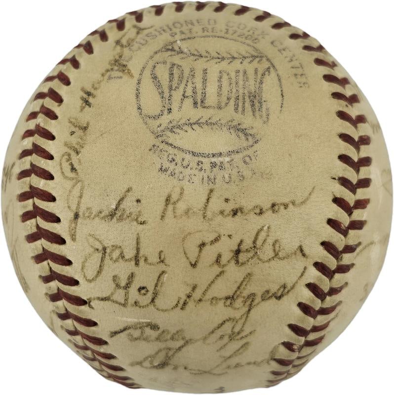 1948 Brooklyn Dodgers Team Signed Frick NL Ball 31 Sigs Jackie Robinson PSA/DNA: signed by 31 members of the 1948 Brooklyn Dodgers Team. Signatures include Jackie Robinson, Roy Campanella, Arky Vaughan, Gil Hodges, Hugh Casey, Leo Durocher, Pee Wee Reese, Duke Snider, Pete