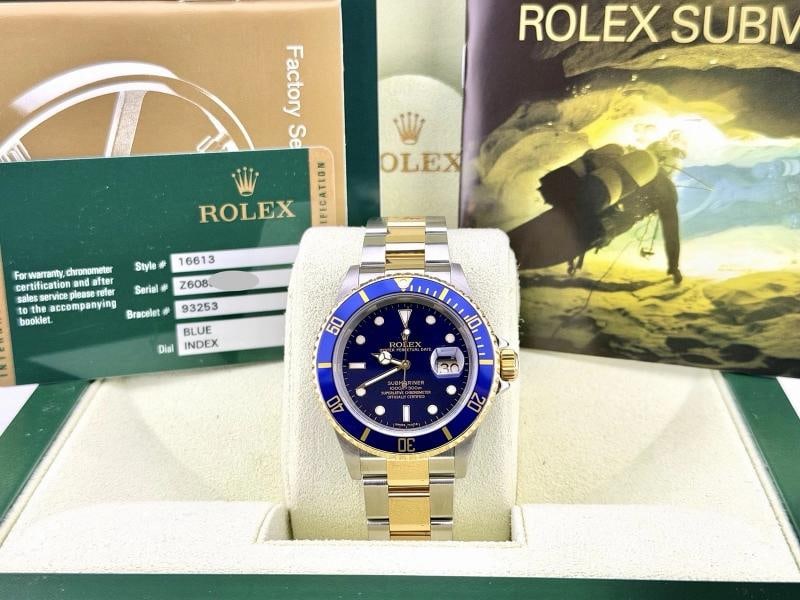 2007 Rolex Submariner Date Blue 16613 40mm Blue Dial 18k Gold Steel Box Paper - 2