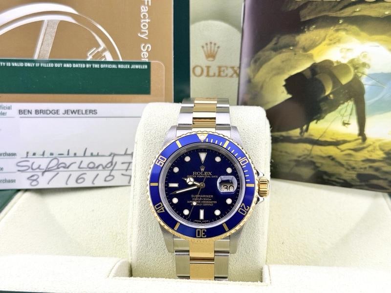 2007 Rolex Submariner Date Blue 16613 40mm Blue Dial 18k Gold Steel Box Paper - 3