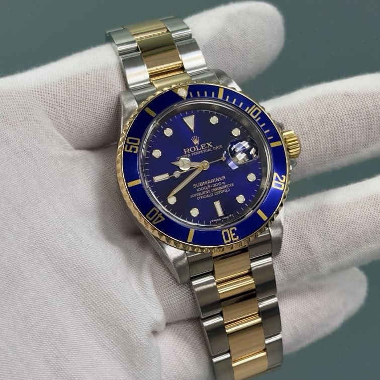 2007 Rolex Submariner Date Blue 16613 40mm Blue Dial 18k Gold Steel Box Paper - 5
