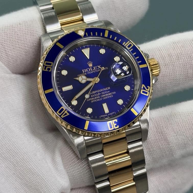 2007 Rolex Submariner Date Blue 16613 40mm Blue Dial 18k Gold Steel Box Paper - 6
