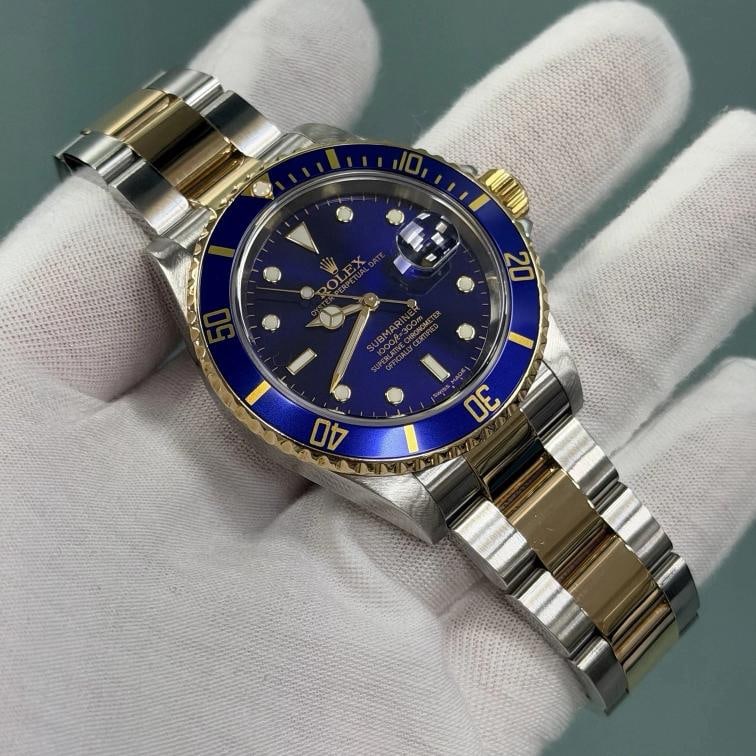 2007 Rolex Submariner Date Blue 16613 40mm Blue Dial 18k Gold Steel Box Paper - 7