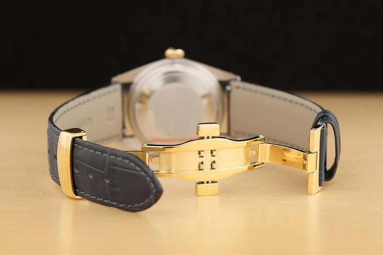 ROLEX DATEJUST 1601 14K YELLOW GOLD STEEL CHAMPAGNE DIAL BLUE LEATHER BAND WATCH - 10