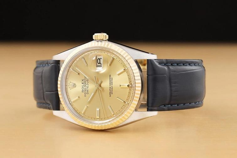 ROLEX DATEJUST 1601 14K YELLOW GOLD STEEL CHAMPAGNE DIAL BLUE LEATHER BAND WATCH - 2